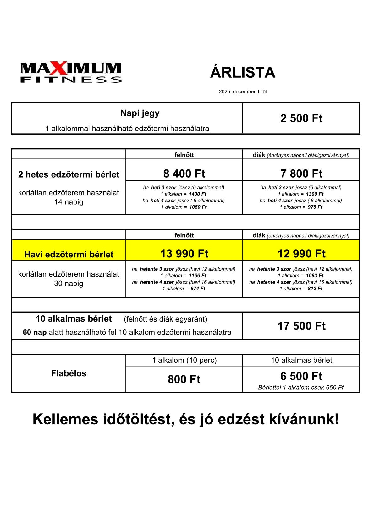 Maximum Fitness Dombóvár árlista 2026